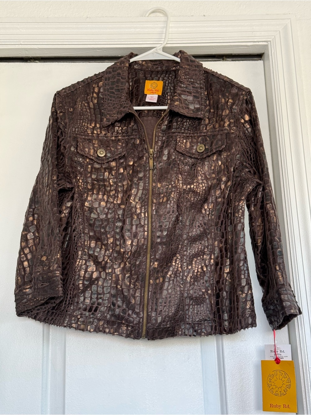 Ruby Rd. Brown Croc-Embossed Zip-Front Jacket